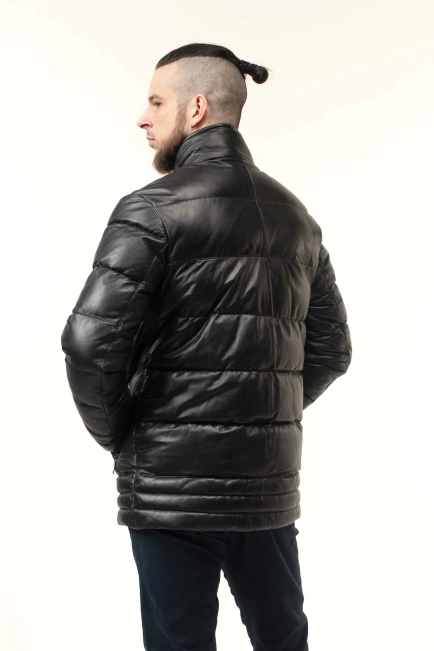 Чоловічий шкіряний біопуховик чорний-6