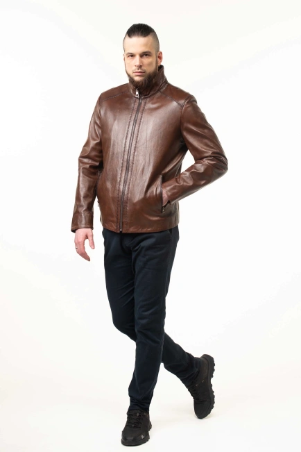 Шкіряна куртка у коричневому відтінку зі швами-5