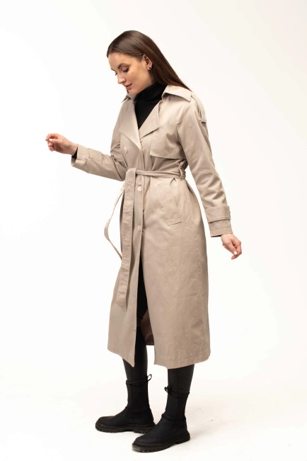 Женский текстильный тренч бежевого цвета-5