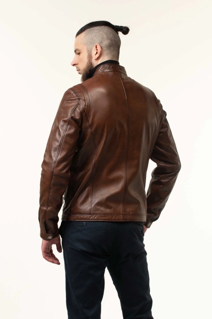 Шкіряна куртка чоловіча коричнева з коміром-6
