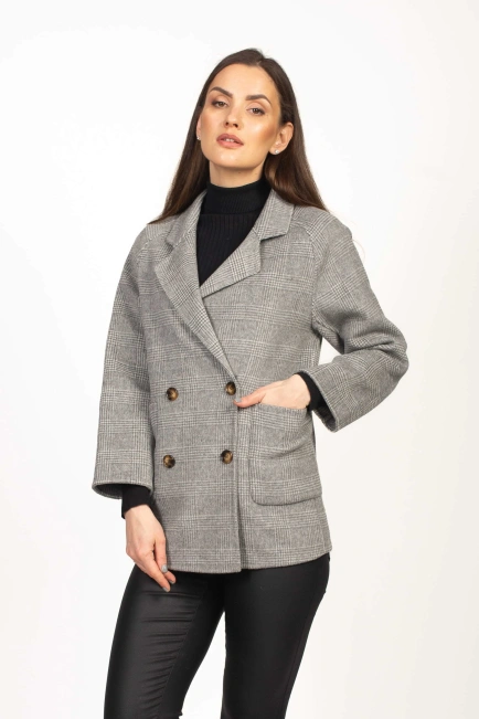 Женское пальто в клеточку цвет серый-1
