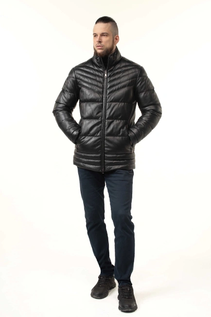 Чоловічий шкіряний біопуховик чорний-9