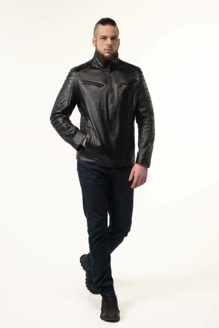 Шкіряна куртка чорна з прострочками-5