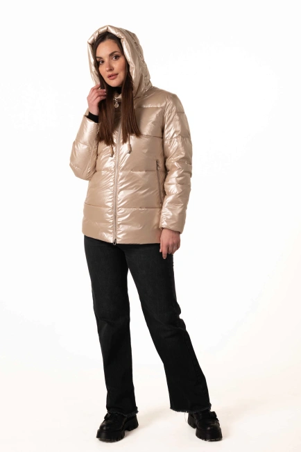 Бежевий біопуховик з капюшоном для зими-10