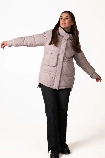 Пудровий біопуховик з капюшоном і кулісками-9