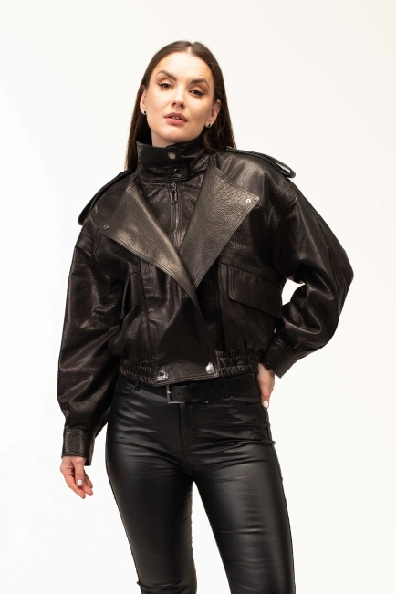 Кожаная куртка-бомбер с двойным воротником-4