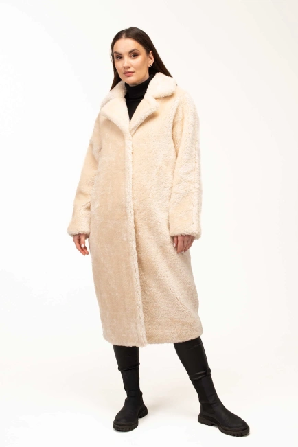 Женская шуба из эко-меха бежевая классическая-3