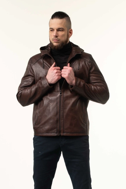 Шкіряна коричнева куртка з капюшоном чоловіча-4