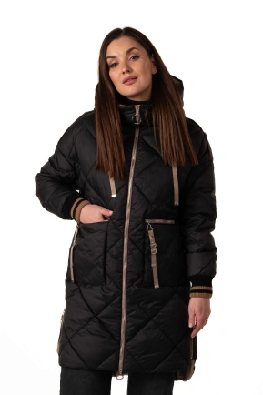 Біопуховик жіночий чорний з бежевими акцентами