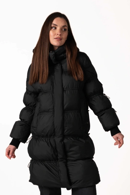 Чорний біопуховик з кулісками та капюшоном-4