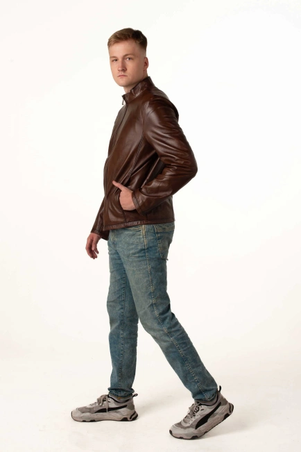 Чоловіча шкіряна куртка пряма коричнева-4