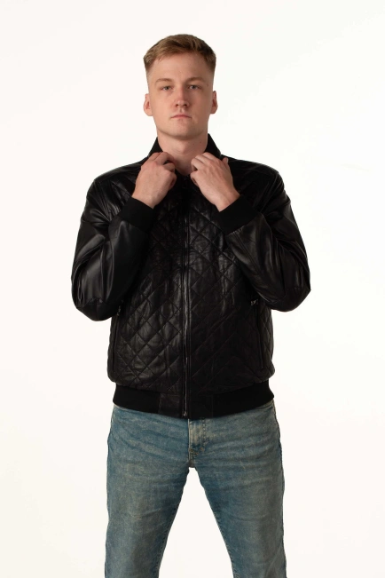 Чоловіча шкіряна куртка-бомбер чорна-3