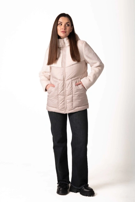 Біопуховик зимовий з екохутром молочного кольору-7