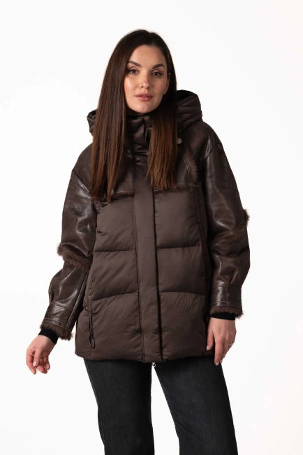 Біопуховик з шкіряними та хутряними вставками-1