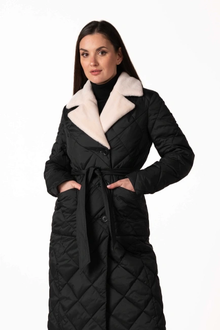 Чорний біопуховик з англійським коміром та поясом-1