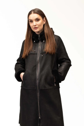 Жіноча чорна дублянка з капюшоном довга