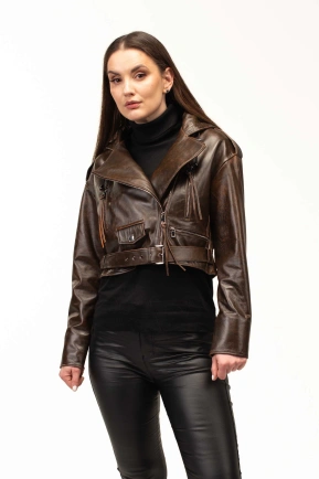 Женская коричневая кожаная куртка с капюшоном