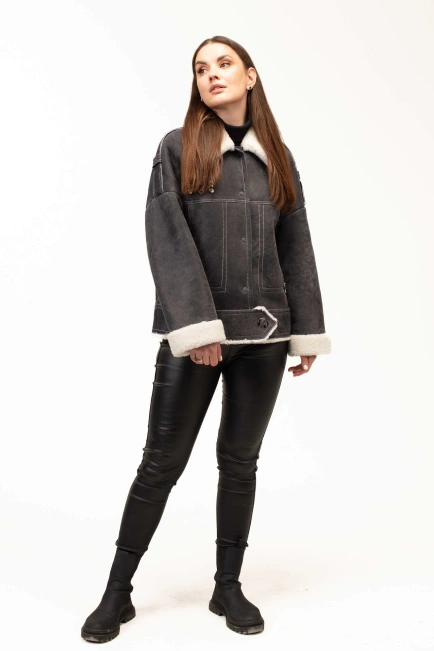 Жіноча сіра дублянка з комірцем з овчини-6