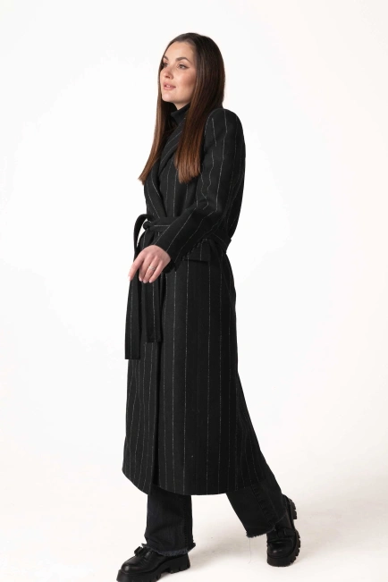 Жіноче класичне пальто чорне з білою смужкою-5