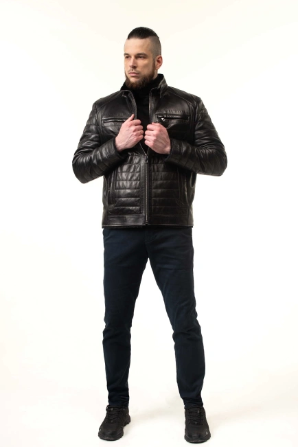Чоловіча шкіряна дублянка з прострочкою-9