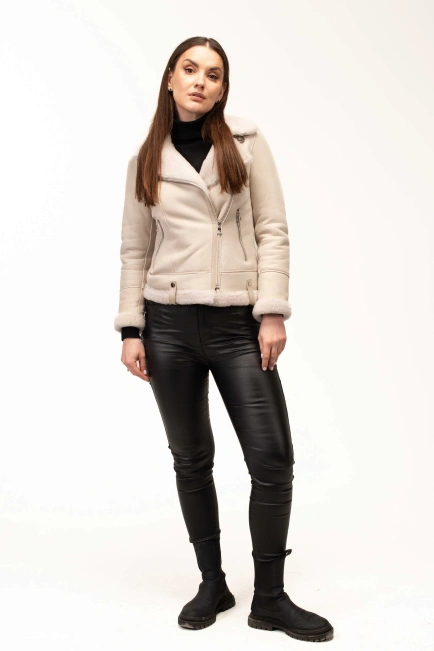 Жіноча біла дублянка з комірцем з овчини-6