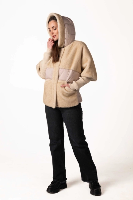 Жіночий біопуховик з екохутром беж-10