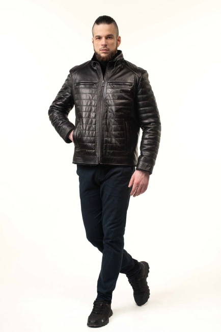 Чоловіча шкіряна дублянка з прострочкою-5