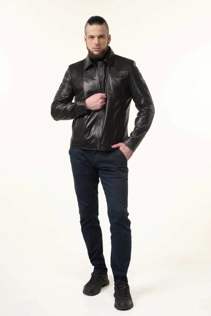 Шкіряна куртка чорна з нагрудною кишенею-3