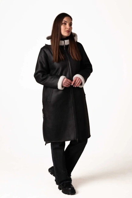 Жіноча чорна екодублянка з білим екохутром-7