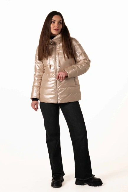 Бежевий біопуховик з капюшоном для зими-3