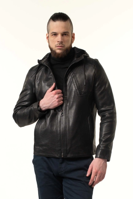 Чоловіча куртка зі шкіри з капюшоном-7