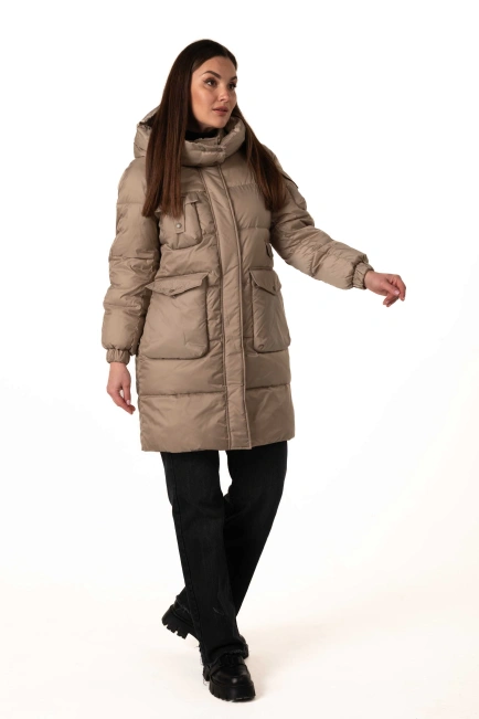 Бежевий біопуховик з декором на рукавчику-7