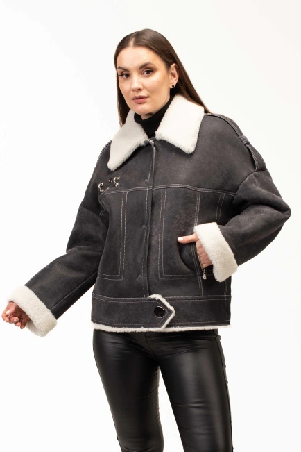 Жіноча сіра дублянка з комірцем з овчини-4
