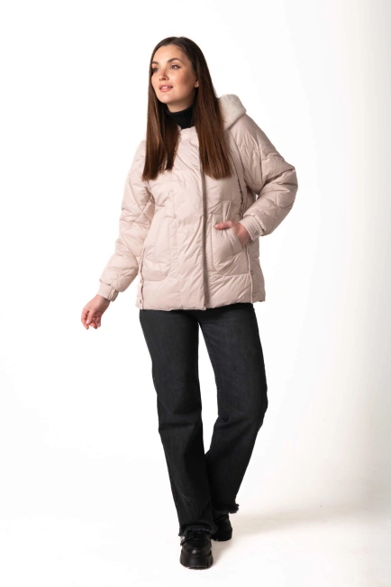 Біопуховик з екохутром світлий беж-3