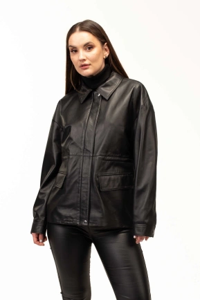 Женская чёрная кожаная куртка-тренч