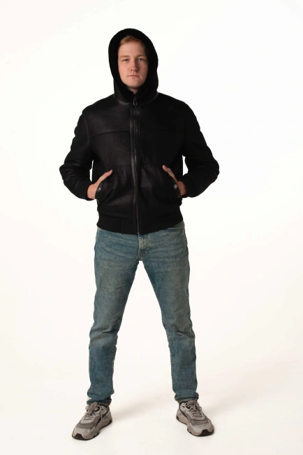 Чоловіча дублянка-бомбер з капюшоном-7