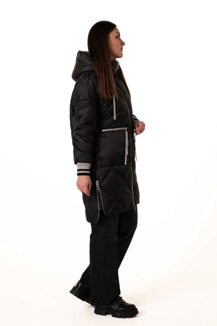 Жіночий зимовий біопуховик чорний з сірим-7