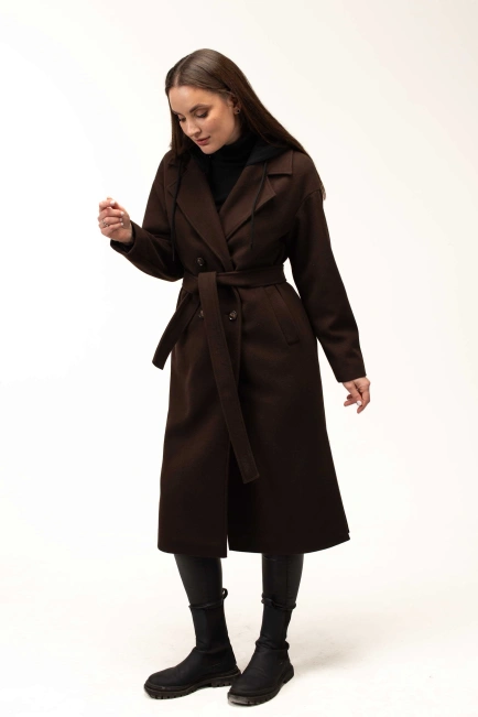Женское коричневое пальто с чёрным капюшоном-5