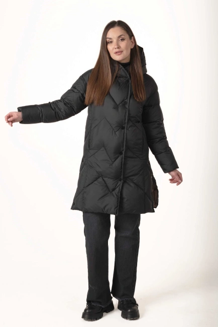 Довгий чорний біопуховик із розрізами з боків-6