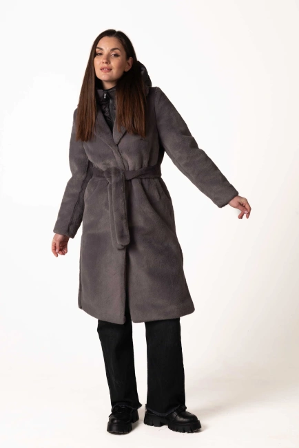 Шуба з екохутра темно-сірого кольору коміром-3