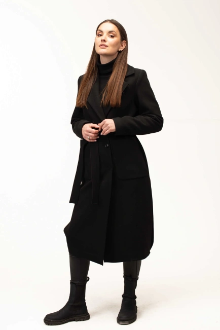 Женское чёрное пальто под пояс длинное-9