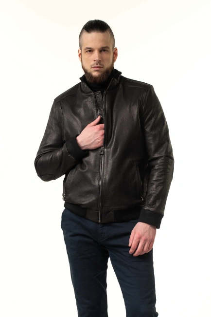 Чоловіча шкіряна куртка-бомбер чорна-4