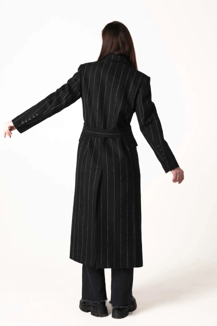 Жіноче класичне пальто чорне з білою смужкою-2