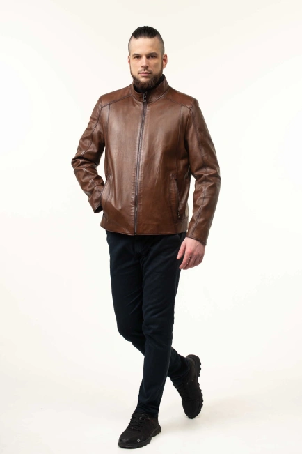 Шкіряна куртка чоловіча у коричневому відтінку-5