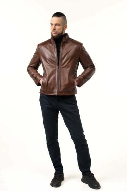Шкіряна куртка чоловіча коричнева з прострочками-8