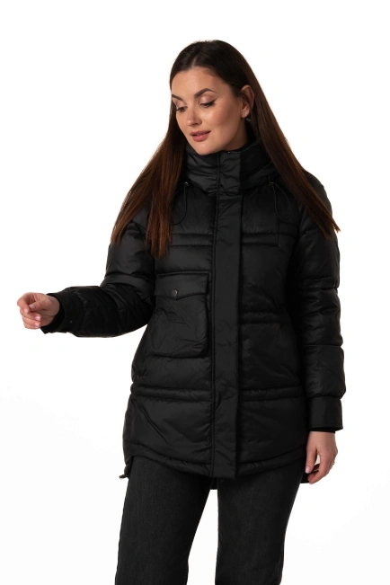Чорний біопуховик з капюшоном і кулісками-4