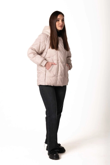 Біопуховик з екохутром світлий беж-7