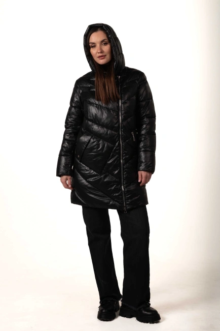 Жіночий чорний біопуховик з накладною кишенею-7