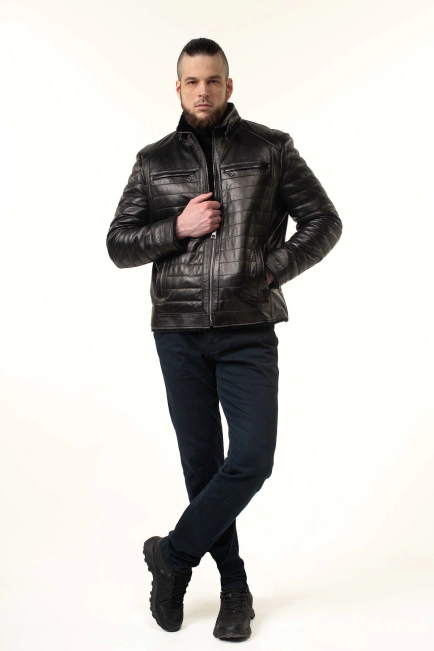 Чоловіча шкіряна дублянка з прострочкою-8