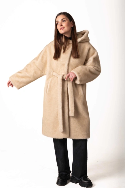 Шуба з екохутра бежева з втяжним поясом-9